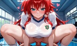 1boy 1girls ai_art ai_generated big_breasts big_penis blue_eyes blush cock dick fanart gym gym_uniform heavy_breathing high_school_dxd looking_at_viewer loving_aura patreon pussy pussy_juice red_hair rias_gremory sayora sex sexy sweat