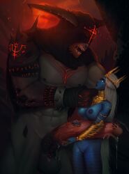 1boy abs blue_skin breasts colored_skin completely_nude covered_eyes crown demon_boy female gigantic_penis highres hood hood_up horns interspecies large_breasts nipples no_pupils nude nyuunzi original penis sharp_teeth size_difference straight teeth white_eyes