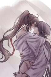 2boys ahoge alternate_costume anal bare_shoulders bathrobe black_hair blush brown_hair chinese_clothes closed_eyes convenient_censoring crying cum cum_on_body cum_on_male cum_on_stomach from_side hair_ribbon hanfu highres hug implied_sex lan_wangji long_hair long_sleeves looking_at_another male_focus modao_zushi multiple_boys naked_robe off_shoulder open_mouth ponytail profile red_ribbon ribbon robe saliva semiusa1010 sex sidelocks sitting straddling sweat upright_straddle very_long_hair wei_wuxian white_robe wide_sleeves yaoi yellow_eyes