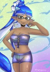 1girls bikini breasts cleavage dark-skinned_female female inkling inkling_girl pose shayshayshamera splatoon splatoon_3 swimwear twitter_link watermark