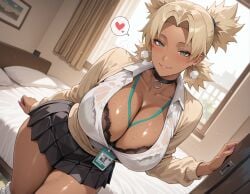 1girls ai_generated alex-schura arm_support bangs bed bed_sheet black_bra black_choker black_clothes black_panties black_skirt black_underwear blonde_hair blush boruto:_naruto_next_generations bra bra_visible_through_clothes breasts brown_cardigan cardigan choker clavicle cleavage clothing collarbone collared_shirt curtains curvaceous curvaceous_female curvaceous_figure curvy curvy_figure dark-skinned_female dark_skin dress_shirt earrings female female female_focus female_only footwear green_eyes gyaru hair_ornament heart huge_breasts id_card indoors inviting inviting_to_sex jewelry kogal large_breasts legwear long_sleeves looking_at_viewer mature_female milf miniskirt nail_polish naruto naruto_shippuden necklace on_bed open_clothes open_shirt pantsu parted_bangs parted_lips pillow pleated_skirt ponytail presenting presenting_ass presenting_breasts presenting_hindquarters presenting_self purple_nails school_uniform scrunchie seductive seductive_look seductive_smile see-through shirt sitting skirt smile socks solo spoken_heart sweat temari thick_thighs thighs twintails underwear uniform voluptuous voluptuous_female wet white_shirt window