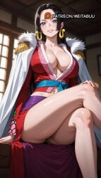 ai_generated bare_legs black_hair blue_eyes blue_sash blurry blurry_background blush boa_hancock breasts cape cleavage clothing coat coat_on_shoulders collarbone crop_top crossed_legs earrings epaulettes feet_out_of_frame female female_only forehead fur_trim grin indoors jewelry large_breasts long_hair long_sleeves looking_at_viewer meitabuu midriff navel one_piece parted_lips red_shirt red_skirt sash shirt sitting skirt smile solo thighs white_cape white_coat