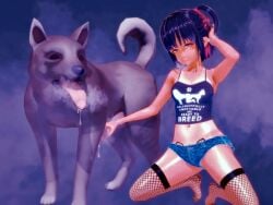 3d bangs black_hair bob_cut canine canine_on_human canine_penis eye_contact female_on_feral feral feral_on_female feral_on_human fishnets handjob human_on_feral imminent_bestiality imminent_sex interspecies koi_yukino leaking_cum leaking_precum legwear looking_at_viewer original precum purple_eyes seductive shirt short_shorts skinny small_breasts tan tan_lines tan_skin text text_on_clothing womb_tattoo zoophilia