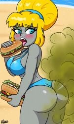 ai_generated beach bikini_zombie_(pvz) blonde_hair blonde_hair_female blue_eyes blush blushed eating eating_food fart fart_cloud plants_vs_zombies