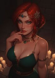 cleavage dress from_above green_dress green_eyes large_breasts red_hair redhead_female the_witcher_(series) the_witcher_3:_wild_hunt triss_merigold