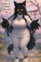 ai_generated anime_background cute extended_arms hellhound_(monster_girl_encyclopedia) looking_at_viewer milf monster_girl smile sweater text