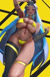 1girls big_breasts bikini black_and_blue_hair blue_and_black_hair blue_eyes blushing blushing_at_viewer dark-skinned_female dark_skin hand_on_head haska_(user_gure4787) huge_breasts long_hair looking_at_viewer looking_down looking_down_at_viewer mouth_open nessa_(pokemon) pokemon solo solo_female sweat sweatdrop swimsuit thighs viewed_from_below wet_skin