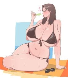 1girls beach big_breasts bikini blush dress efto_(pixiv) huge_breasts milf popsicle suggestive suggestive_look sweat sweating tongue tongue_out wide_hips