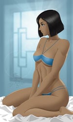 1girls artist_name avatar_legends bikini black-stab black_hair blue_eyes dark-skinned_female dark_skin female female_only fully_clothed kneeling korra medium_breasts nickelodeon solo straight_hair swimsuit the_avatar the_legend_of_korra water_tribe