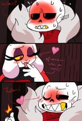 1boy 1girls back_view blush breasts chubby chubby_female clothing comic comic_page curvy female goat happy heart hips male mature_female milf oral red_eyes sans size_difference skeleton smaller_male tongue tongue_out toriel underfell wings