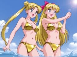 2girls ai_generated alluring bikini bishoujo_senshi_sailor_moon blonde_hair blue_eyes blue_sky cleavage gold_bikini medium_breasts minako_aino nightcore_(artist) ocean pin_up usagi_tsukino