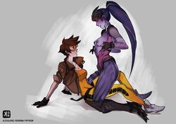 2girls breasts brown_eyes brown_hair goggles kendaoh open_clothes open_shirt overwatch purple_hair purple_skin shirt short_hair tracer widowmaker yuri