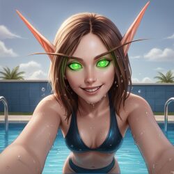 1girls adult_woman ai_generated athletic athletic_female attractive_female blood_elf blood_elf_female brown_hair elf elf_girl female grabbing_viewer green_eyes holding_camera holding_viewer leaned_forward nowrin smile stable_diffusion summer swimming swimming_pool swimsuit swimwear warcraft wet_clothes wet_clothing wet_skin world_of_warcraft