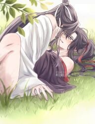 2boys ahoge anal bare_legs bare_shoulders black_hair black_hanfu blurry blurry_foreground blush bottomless boy_on_top chinese_clothes couple eye_contact grass grey_eyes hair_ribbon hand_on_another's_neck hanfu headband high_ponytail highres implied_sex lan_wangji leaf long_hair looking_at_another lying male_focus missionary modao_zushi multiple_boys off_shoulder on_back open_mouth out-of-frame_censoring outdoors partially_undressed ponytail red_ribbon ribbon robe semiusa1010 sex sidelocks smile sweat topknot twitter_username watermark wei_wuxian white_hanfu white_headband yaoi