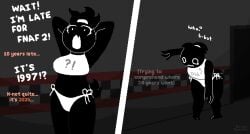 anthro bikini bikini_bottom chica_(fnaf) chicken comic five_nights_at_freddy's five_nights_at_freddy's_2 fnaf fnaf_2 ghost ghost_girl hairband okami_tomato shadow_chica_(okami_tomato) shadow_toy_chica silly surprised surprised_expression tail toy_chica_(fnaf) white_bikini white_bikini_bottom white_eyes