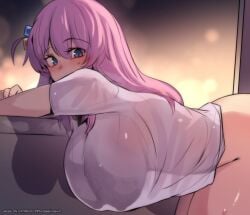 1girls backlighting bent_over blue_eyes blush bocchi_the_rock! bottomless breasts cube_hair_ornament dot_nose female female_only gotou_hitori hair_between_eyes hair_ornament hanging_breasts highres hinghoi huge_breasts leaning_forward long_hair looking_at_viewer naked_shirt nipples no_bra one_side_up pink_hair see-through_clothes see-through_shirt see-through_silhouette shirt shirt_overhang short_sleeves silhouette solo sweatdrop