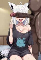 1boy 1boy1girl 1girls ai_generated animal_ears aroused bed bedroom black_shirt blue_eyes blush cheating cheating_(relationship) cheating_female cheating_girlfriend dark-skinned_male fat_male girthy_penis hairy_male hololive indoors interracial large_penis long_penis male/female medium_breasts middle_finger netorare ntr open_mouth oversized_clothes penis_on_face penis_over_eyes room shirakami_fubuki shirt silver_hair smug straight tail testicles thighs tongue tongue_out veiny_penis warizs waroffree