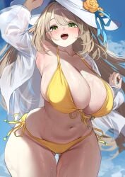 absurdres abydos_high_school_student arm_up bikini blue_archive blue_sky blush breasts brown_hair cleavage cloud cloudy_sky cowboy_shot day female flower foreclosure_task_force_(blue_archive) front-tie_bikini_top front-tie_top gluteal_fold green_eyes hat hat_flower highres huge_breasts long_hair long_sleeves looking_at_viewer navel nonomi_(blue_archive) nonomi_(swimsuit)_(blue_archive) official_alternate_costume open_clothes open_mouth open_shirt outdoors plump see-through_clothes see-through_shirt shirt side-tie_bikini_bottom skindentation sky smile solo stomach sun_hat swimsuit teeth thick_thighs thighs tol10131 upper_teeth_only very_long_hair wet white_hat white_shirt wide_hips yellow_bikini yellow_flower