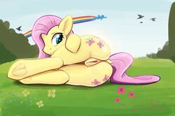 2016 ass cutie_mark dock equine female feral fluttershy_(mlp) friendship_is_magic hair hooves horse lying mammal my_little_pony outside pink_hair pony pony-butt-express pussy rainbow solo_focus underhoof