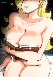 1girls big_breasts blonde_hair book book_covering_breasts breasts cum cum_on_breasts cum_on_face ear_piercing female female_only heart huge_breasts human human_only large_breasts light-skinned_female light_skin long_hair mammal mario_(series) mature mature_female myst nintendo nude nude_female princess princess_rosalina royalty smile solo solo_female solo_focus voluptuous voluptuous_female