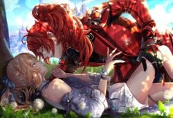 1boy 1girls bare_legs blonde_female blonde_hair diluc_(genshin_impact) diluc_(red_dead_of_night)_(genshin_impact) face-to-face female genshin_impact gloves imminent_kiss jean_gunnhildr light_skin long_hair long_hair_male male male/female on_ground outdoors ponytail red_hair straight suggestive