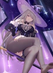 aoi_(buzhuen444) bare_legs bare_shoulders barefoot black_dress breasts censored crossed_legs detached_sleeves dress female foot_out_of_frame grey_hair hat heart heart_censor herta_(honkai:_star_rail) highres honkai:_star_rail honkai_(series) long_hair long_sleeves looking_at_viewer purple_eyes pussy_cutout sitting smile solo strapless strapless_dress the_herta_(honkai:_star_rail) thigh_strap thighs very_long_hair witch_hat
