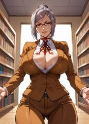 ai_generated arms_open arms_out breast_tattoo glasses grey_hair hair_bun large_breasts library looking_at_viewer prison_school school_uniform seductive seductive_eyes seductive_look seductive_smile shiraki_meiko standing tagme tight_clothing