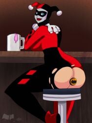 1girls accurate_art_style alternate_breast_size ass bar_(place) bar_stool barstool barstool_position batman:_the_animated_series batman_(series) big_butt blue_eyes boobs_on_table buttplug buttplug_in_ass casual_exposure cheating clown clown_costume clown_girl condom confident costume cum_in_condom cum_in_container cum_in_cup dark_red_lipstick dc dc_comics diamond_(shape) exposed_ass female_pervert glass_of_cum harleen_quinzel harley_quinn harley_quinn_(classic) implied_cheating jester jester_outfit mug mug_of_cum no_panties ntr pale_skin pale_skinned_female plugged plugged_ass plump_ass pranky seated sitting sitting_on_stool small_smile smile smug solo solo_female stacked thicc torn_clothes used_condom villainess wardrobe_malfunction