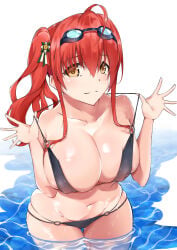 1girl absurdres ahoge azur_lane bikini bikini_top_pull black_bikini blush breasts cleavage clothes_pull commentary_request goggles goggles_on_head hair_ornament highres italian_flag large_breasts looking_at_viewer navel noazzark o-ring o-ring_bikini official_alternate_costume open_hands partially_submerged red_hair side_ponytail sidelocks smile swim_goggles swimsuit yellow_eyes zara_(azur_lane) zara_(poolside_coincidence)_(azur_lane)