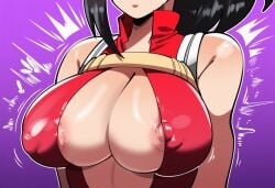 1girls ai_generated areolae big_breasts black_hair boku_no_hero_academia breasts cleavage female huge_breasts large_breasts leotard momo_yaoyorozu mullon my_hero_academia novelai ponytail solo superheroine top_heavy