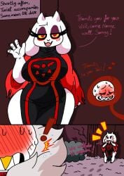 1boy 1girls back_view blush breasts chubby chubby_female clothing comic comic_page curvy female goat happy hips male mature_female milf oral red_eyes sans size_difference skeleton smaller_male toriel underfell