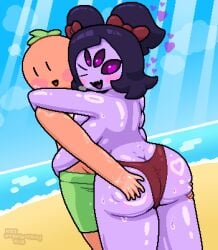 anthro beach big_ass bikini bikini_bottom black_sclera blush blushing bow bubble_butt cute embarrassed hands_on_ass happy happy_female heart heart-shaped_pupils heart_eyes hearts hearts_around_head holding holding_partner looking_away massaging muffet ocean oiled oiled_ass oiled_body oiled_skin oiled_up okami_tomato purple_body purple_eyes purple_skin red_bikini red_bikini_bottom red_skin shiny_skin spider spider_girl sunbeam tight_bikini tight_clothing tomato tomato_(okami_tomato) topless undertale undertale_(series) watermark