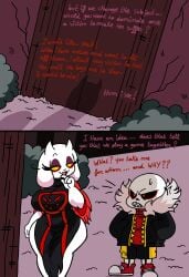 1boy 1girls back_view chubby chubby_female clothing comic comic_page curvy female goat happy heart hips male mature_female milf oral red_eyes sans size_difference skeleton smaller_male toriel underfell