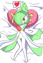 arms_behind_head arms_up averting_eyes bed_sheet bob_cut closed_mouth colored_skin commentary dakimakura_(medium) english_text female flat_chest from_above full_body gardevoir green_skin hair_over_one_eye happy heart heart-shaped_pillow highres holding_own_wrist knees_together_feet_apart legs looking_to_the_side lying mskdabc multicolored_skin navel no_feet on_back one_eye_covered pillow pokemon pokemon_(creature) pussy_juice red_eyes short_hair sideways_glance smile solo speech_bubble spoken_heart stomach thigh_gap thighs two-tone_skin white_background white_skin yes-no_pillow