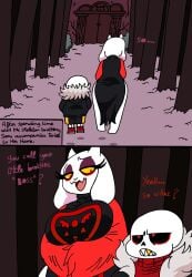 1boy 1girls back_view breasts chubby chubby_female clothing comic comic_page curvy female goat happy heart hips male mature_female milf oral red_eyes sans size_difference skeleton smaller_male toriel underfell