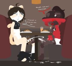 ahoge animal_ears anthro black_clothing black_hair black_shirt black_topwear blue_eyes bodily_fluids body_fur bottomless bottomwear bottomwear_down cake cat_tail censor_removal_edit chair christine_fury christine_fury_(character) clothed clothing clothing_pull comic container cropped_jacket cum cum_in_clothing cum_in_pants cum_in_partner's_clothing cum_on_ground cup denny's dessert dialogue drooling duo dylan_mitchell_(christine_fury_) eating ejaculation english_text feet felid feline female flat_colors food foot_fetish foot_play footjob furniture genital_fluids genitals hair hi_res long_hair male male/female mammal masturbating_during_footjob no_lineart on_chair open_mouth pancake pants pants_down partially_clothed penis plate pointy_ears ponytail profanity restaurant restaurant_seats saliva sex shirt short_hair simple_background sitting sitting_on_chair sleeveless_jacket sleeveless_shirt speech_bubble syrup_on_cock table tail text third-party_edit topwear truesona_(christine_fury_) vaginal_fluids vaginal_fluids_on_hand