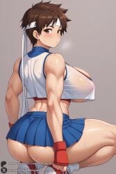 1female 1girls ai_generated artist_name ass bangs bare_shoulders big_ass big_breasts blue_skirt blush breasts brown_eyes brown_hair capcom covered_nipples crop_top crop_top_overhang curvy fingerless_gloves from_behind gloves headband hi_res high_quality high_resolution highres huge_ass huge_breasts large_breasts looking_at_viewer looking_back muscular muscular_female patreon patreon_username pleated_skirt red_gloves sakura_kasugano see-through shiny shiny_skin shoes short_hair simple_background skirt sneakers solo squatting street_fighter street_fighter_6 street_fighter_v sweat thick_thighs thighs unjobdespiert watermark
