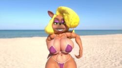 3d 3d_animation abs animated anthro areola bandicoot bikini_top blender blonde_hair breasts crash_(series) erect_nipples female furry furry_only green_eyes huge_breasts hyper_breasts looking_at_viewer nipple_bulge nipples purple_eyeshadow shocking_(artist) sound tagme tawna_bandicoot thick_thighs video