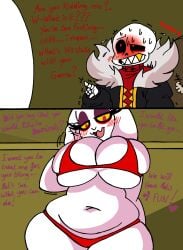 1boy 1girls back_view belly big_breasts bikini blush breasts chubby chubby_female clothing comic comic_page curvy doggy_style female goat hips large_breasts male mature_female milf nipples oral oral_sex red_eyes sans seductive sexy size_difference skeleton smaller_male submissive thick_thighs toriel underfell undertale