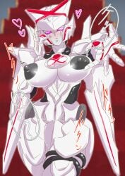 a.k.o.t. absurdres black_nipples blush colored_nipples female heart helmet highres mecha no.1_sentai_gozyuger no_humans open_mouth purple_eyes queen_tegajune robot solo solo_focus super_sentai tegajune tokusatsu