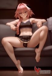 1boy 2d ai_generated ass astolfo_(fate) bangs bare_shoulders barefeet big_ass black_bow bow braid bulge crossdressing crossdressing_male erection erection_under_clothes erophoenix fate_(series) feet full_body long_hair looking_at_viewer looking_back male male_focus male_only multicolored_hair navel nude oerba_yun_fang otoko_no_ko pale_skinned_male patreon_username penis pink_hair purple_eyes single_braid smile soles solo solo_male spread_legs streaked_hair sweat thick thick_thighs toes uncensored underwear