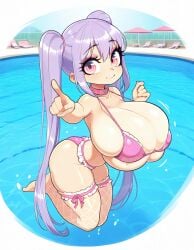 ai_generated bangs beauty bikini bikini_top blue_hair blush breasts bursting_breasts busty cleavage collarbone curvy cute female female girl hair_between_eyes hourglass_figure huge_breasts indoors long_hair looking_at_viewer oppai pink_bikini pink_eyes pool ribbon_in_hair riko_(shuz) shiny_hair shiny_skin shortstack skindentation solo stockings stretched_clothing swimming_pool thebillai thighhighs tight_clothes very_long_hair voluptuous water wide_hips