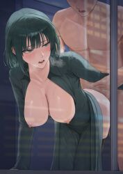 1boy ano_(gccx8784) bent_over black_dress breasts breasts_out clothed_female_nude_male collarbone dress faceless faceless_male facing_viewer female fubuki_(one-punch_man) green_eyes green_hair highres implied_sex large_breasts looking_back nipples nude one-punch_man open_mouth sex sex_from_behind short_hair standing standing_sex straight sweat