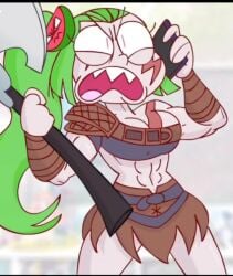 abs american_female angry biceps big_breasts breasts curvy_waist green_hair kratos_(cosplay) leather_bikini muscles muscular muscular_female sexy_body six_pack strong_female thick_thighs vannamelon vannamelon_(copyright) watermelon youtuber_girl