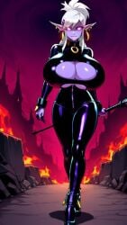 ai_generated cleavage elf elf_ears gigantic_breasts glowing glowing_eyes hell high_heels huge_breasts latex latex_gloves latex_suit manaworld moving_breasts riding_crop syx tagme video white_hair
