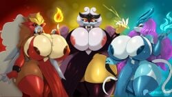 3girls anthro big_breasts breasts dress electricity entei female female_focus female_only fire huge_breasts looking_at_viewer nipple_bulge nipples pokémon_(species) pokemon pokemon_(species) pokemon_gsc raikou red_eyes suicune suirano tagme thick_thighs thighhighs thighs