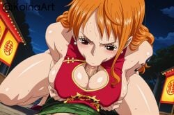 :>= ai_generated blowjob brown_eyes chinese_clothes chinese_dress cleavage_cutout embarrassed female high_heels highres huge_breasts irrumatio kneeling koinaart nami_(one_piece) one_piece orange_hair paizuri paizuri_under_clothes patreon pelvic_curtain perky_breasts pov red_dress sideboob smug stable_diffusion thick_thighs under_clothes