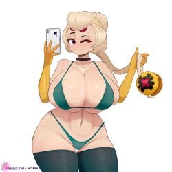 big_ass big_breasts bikini bradleyfun? brawl_stars charlie_(brawl_stars) full_body gloves long_hair looking_at_viewer phone photo red_eyes standing yellow_hair