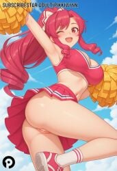 ;d a_rank_party_o_ridatsu_shita_ore_wa_moto_oshiego-tachi_to_meikyuu_shinbu_o_mezasu ai_generated arm_up armpits ass bangs blue_sky blush bow breasts cheerleader cleavage cleft_of_venus cloud crop_top day female hairbow holding holding_pom_poms i_left_my_a-rank_party_to_help_my_former_students_reach_the_dungeon_depths large_breasts long_hair looking_at_viewer marina_(aparida) midriff miniskirt navel no_panties one_eye_closed open_mouth outdoors pikkiwynn pink_footwear pink_hair pink_skirt pleated_skirt pom_pom_(cheerleading) ponytail pussy red_eyes red_hair shoes skirt sky sleeveless smile sneakers socks solo thighs uncensored white_bow white_socks
