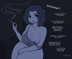 1girls 2d areola areolae big_breasts breasts cigarette cleavage couch couch_sitting eye_contact female female_focus female_only hips large_breasts mature_female milf monochrome mother nipple_slip nipples sitting sitting_on_couch smoking smoking_cigarette solo solo_female solo_focus tank_top thick_thighs thighs uniimom waist